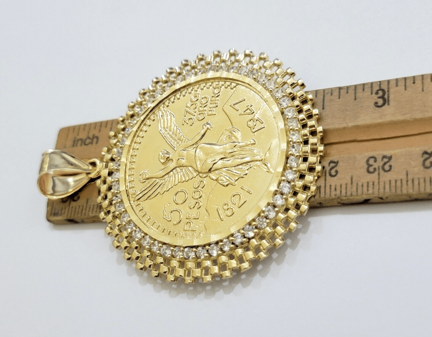 10kt Gold 1947 Mexican Centenario Coin Charm Pendant 50 pesos With 10k Bezel NEW - GoldenlinQ