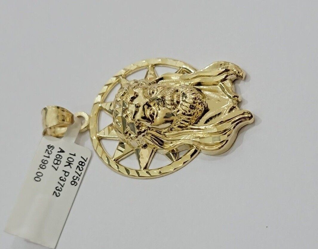 10kt Gold Miami Cuban Chain Jesus Head Charm Pendant Set 18 - 28 Inch 5mm Necklace - GoldenlinQ