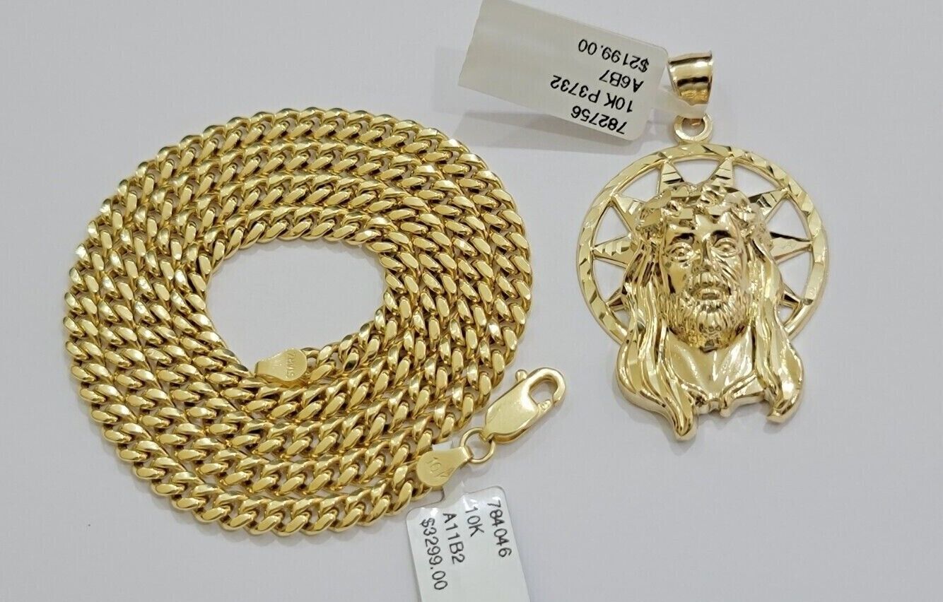 10kt Gold Miami Cuban Chain Jesus Head Charm Pendant Set 18 - 28 Inch 5mm Necklace - GoldenlinQ