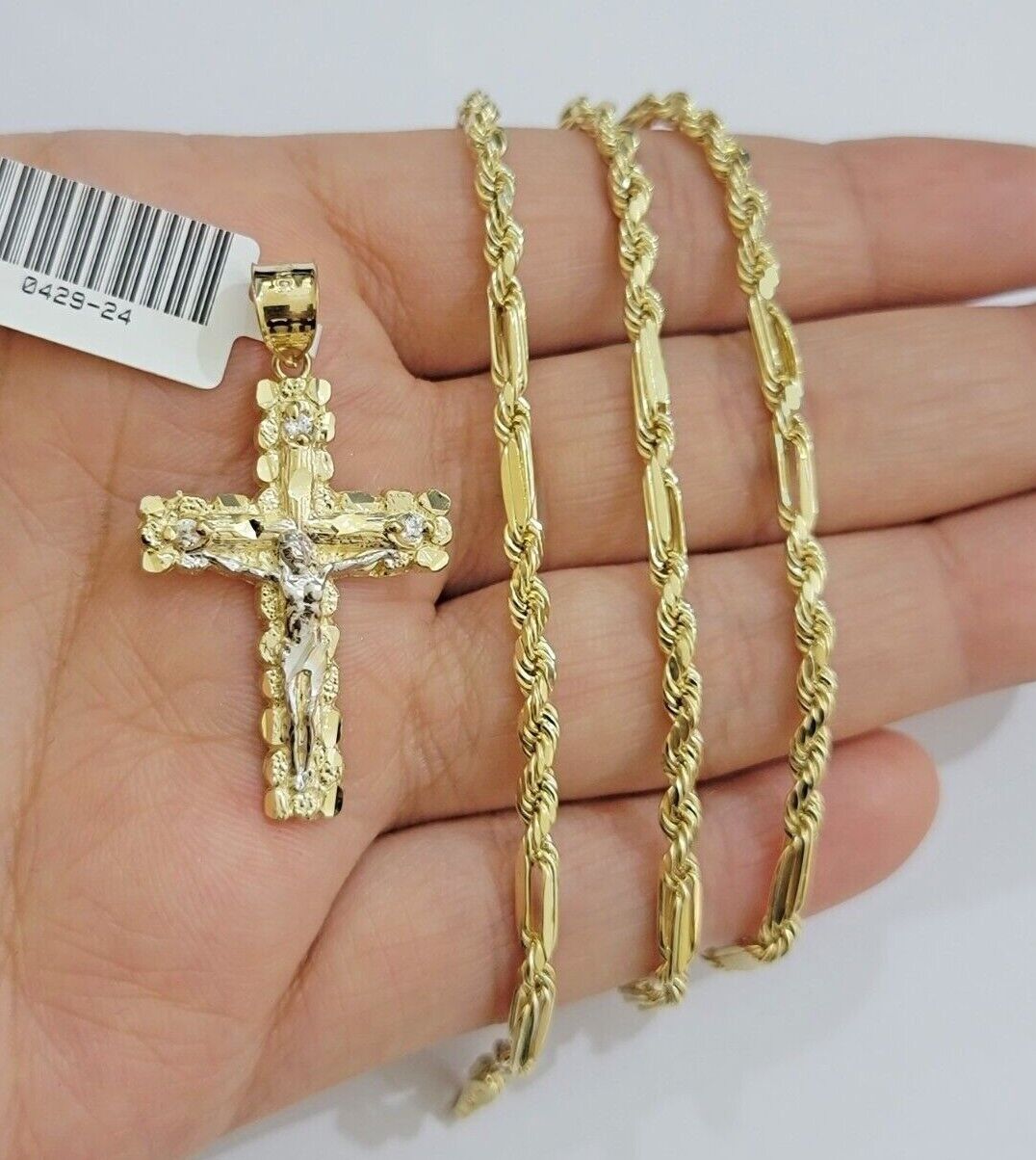 10kt Gold Milano Rope Chain Cross Charm Pendant Set 18 - 24 Inch 3mm Necklace REAL - GoldenlinQ