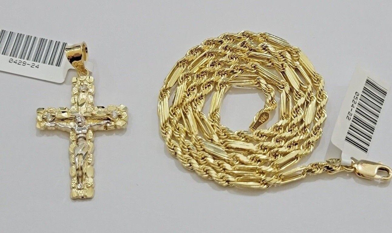 10kt Gold Milano Rope Chain Cross Charm Pendant Set 18 - 24 Inch 3mm Necklace REAL - GoldenlinQ