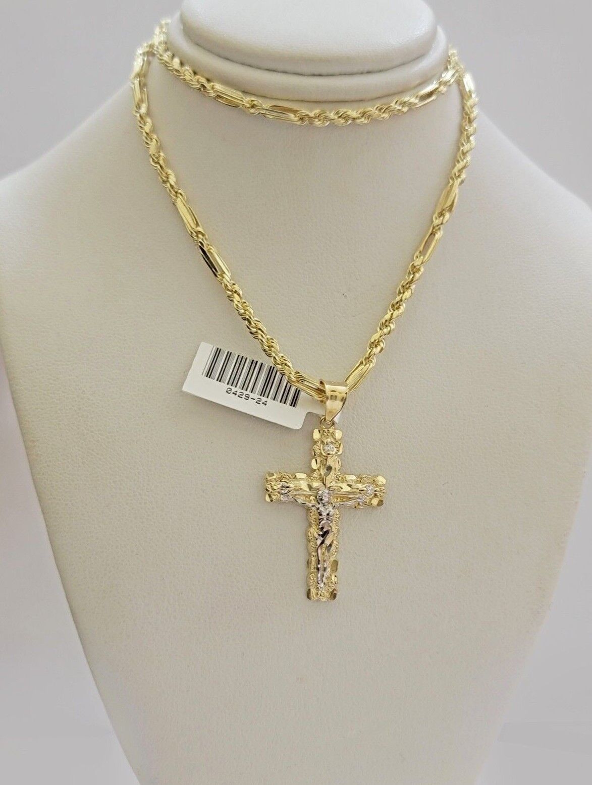 10kt Gold Milano Rope Chain Cross Charm Pendant Set 18 - 24 Inch 3mm Necklace REAL - GoldenlinQ