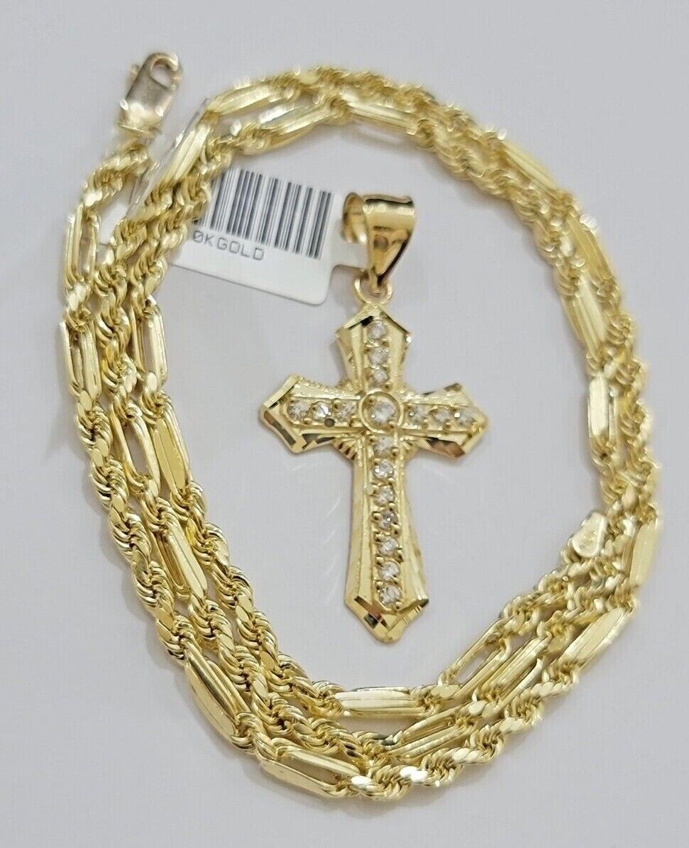 10kt Gold Milano Rope Chain Jesus Cross Charm Pendant Set 18 - 24'' Inch Necklace - GoldenlinQ