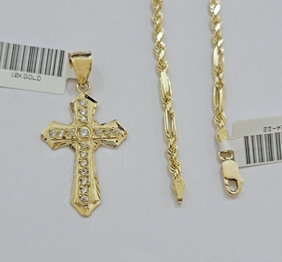 10kt Gold Milano Rope Chain Jesus Cross Charm Pendant Set 18 - 24'' Inch Necklace - GoldenlinQ