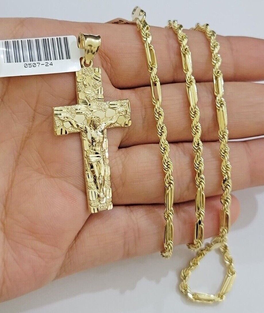 10kt Gold Milano Rope Chain Nugget Cross Charm Pendant Set 18 - 24'' Inch Necklace - GoldenlinQ