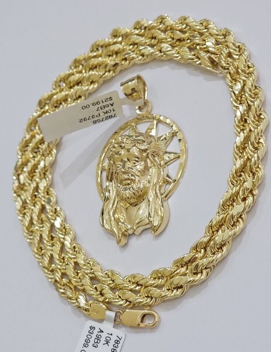 10kt Gold Rope Chain Jesus Head Charm Pendant Set 18 - 30'' Inch 5mm Necklace SALE - GoldenlinQ