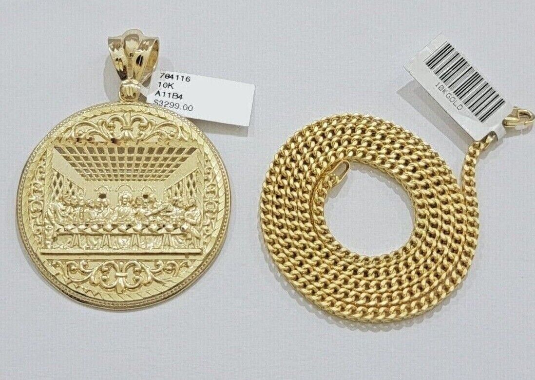 10kt Yellow Gold Last Supper Charm Pendant Franco Chain Necklace 3mm 26"Inch 10k - GoldenlinQ