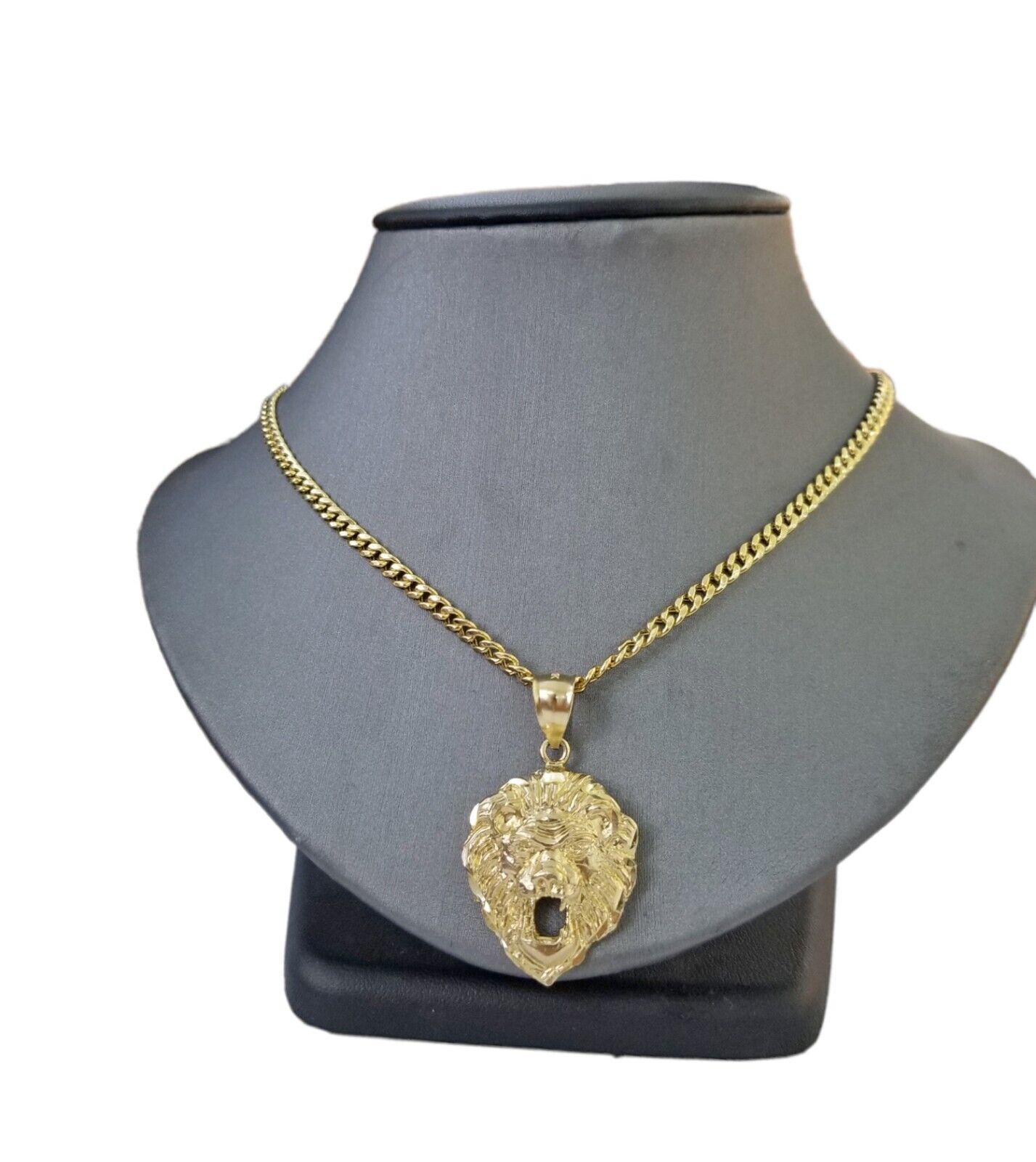 10kYellow Gold Lion Head Pendent 3mm 20" 22" 24" 26" 28" Inch Miami Cuban Chain - GoldenlinQ