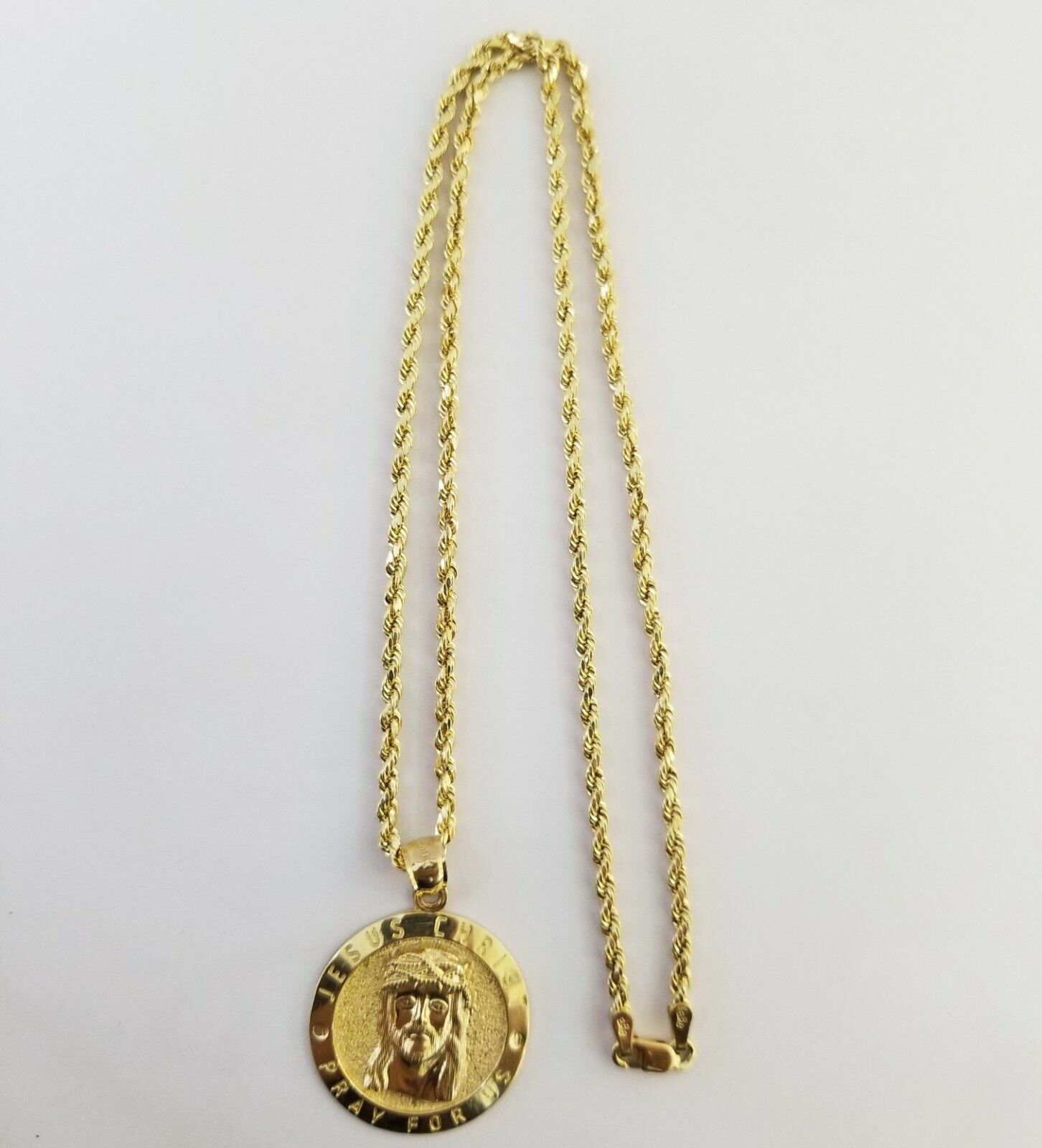 10kYellow Gold round circle Jesus charm 18" inch rope chain 2mm 10kt gold set - GoldenlinQ