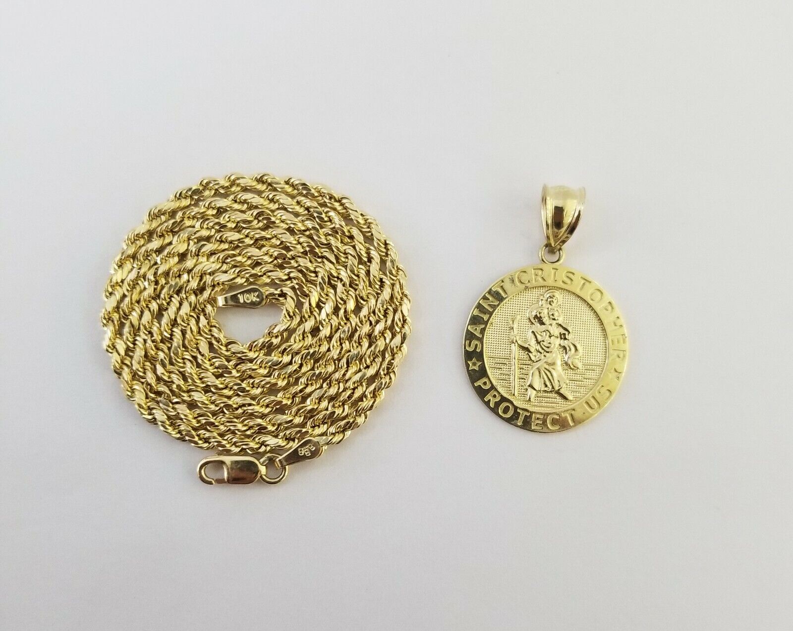 10kYellow Gold round circle Jesus charm 18" inch rope chain 2mm 10kt gold set - GoldenlinQ