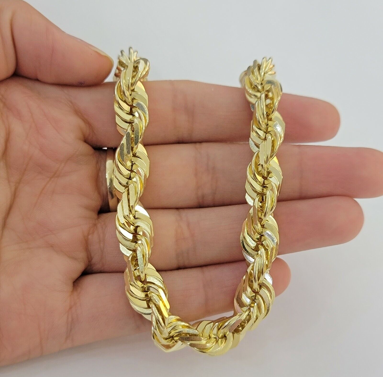 10mm 10k Yellow Gold Rope Bracelet Mens 9" Diamond Cut Real Solid Link 10KT Gold - GoldenlinQ
