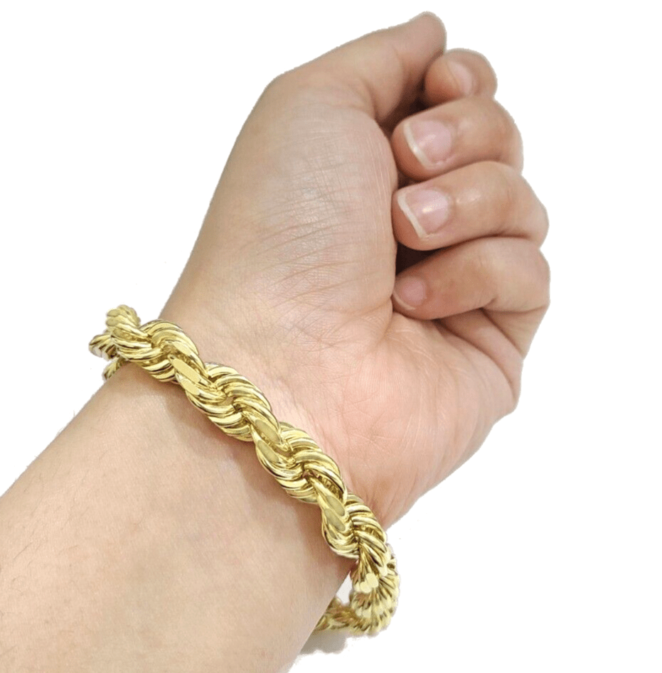 10mm Rope Bracelet 8 Inch Mens Solid 10k Yellow Gold With Diamond cuts REAL 10KT - GoldenlinQ
