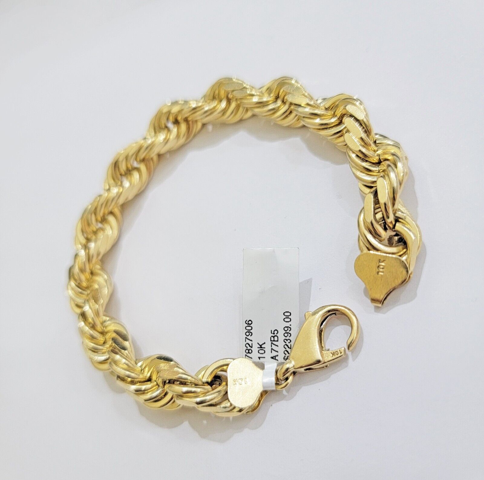 10mm Rope Bracelet 8 Inch Mens Solid 10k Yellow Gold With Diamond cuts REAL 10KT - GoldenlinQ