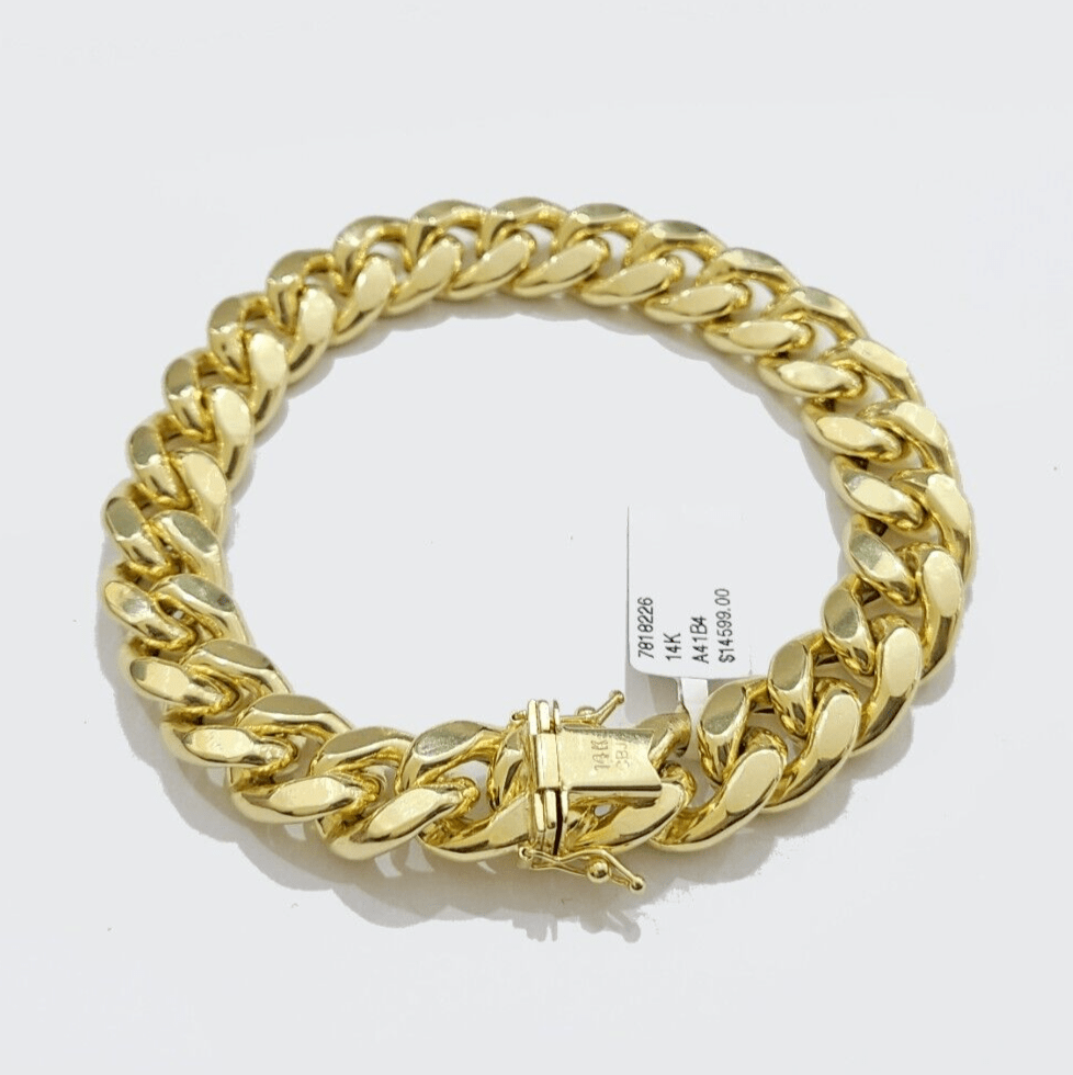 13mm 14k Yellow Gold Bracelet 9 Inch Miami Cuban Link Box Clasp Men's REAL 14kt - GoldenlinQ