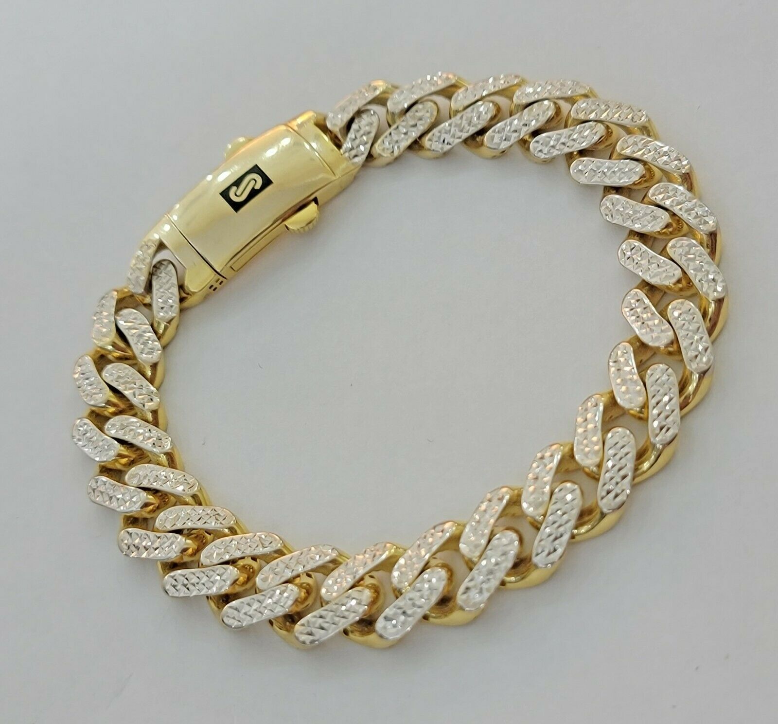 13mm Cuban Royal Link Diamond Cut Bracelet Real 10K Yellow White Gold Real 10 KT - GoldenlinQ