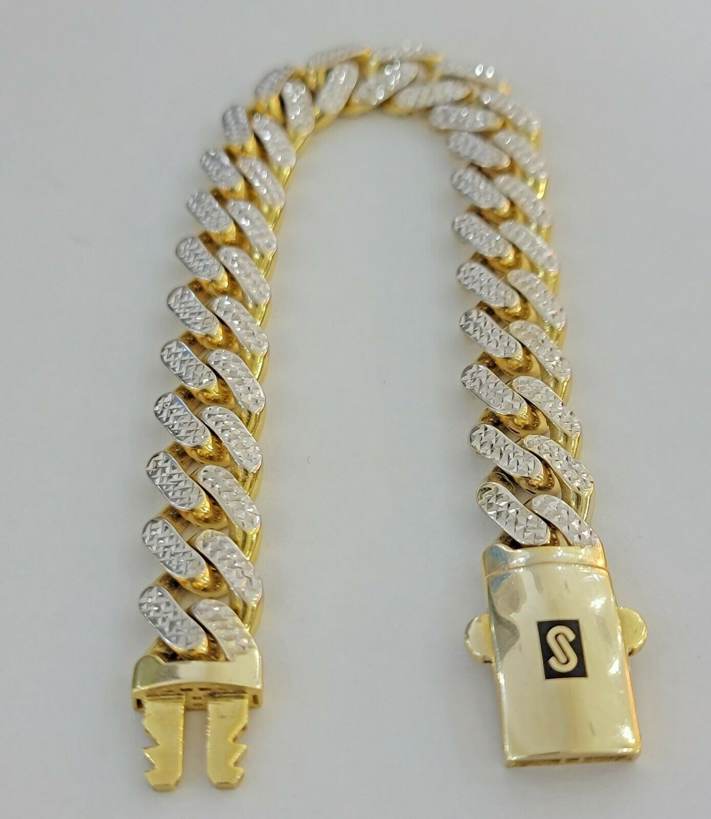 13mm Cuban Royal Link Diamond Cut Bracelet Real 10K Yellow White Gold Real 10 KT - GoldenlinQ