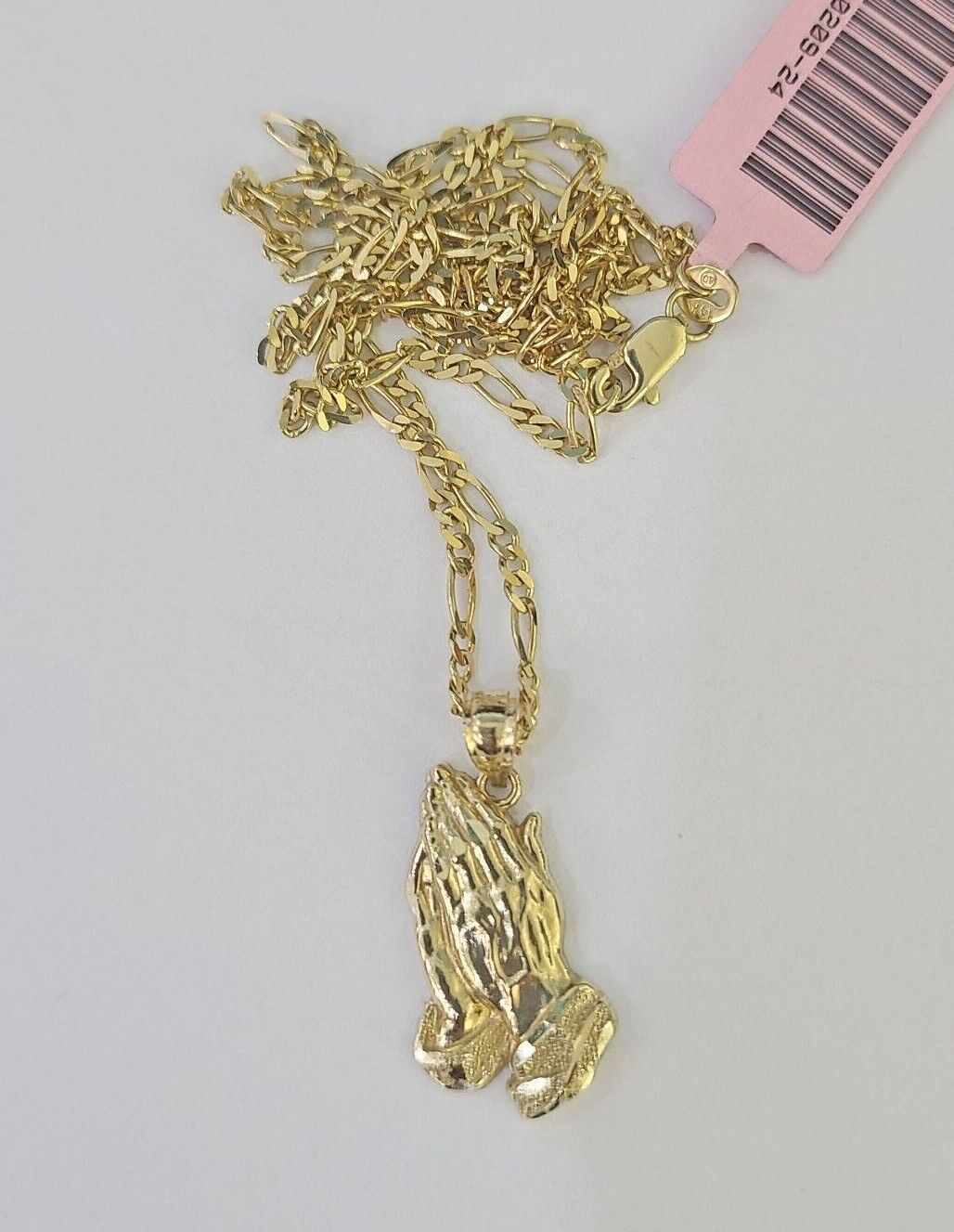 14k Figaro Chain Praying Hands Charm Pendant Gold 1.5mm 18" - 24inch SET Necklace - GoldenlinQ