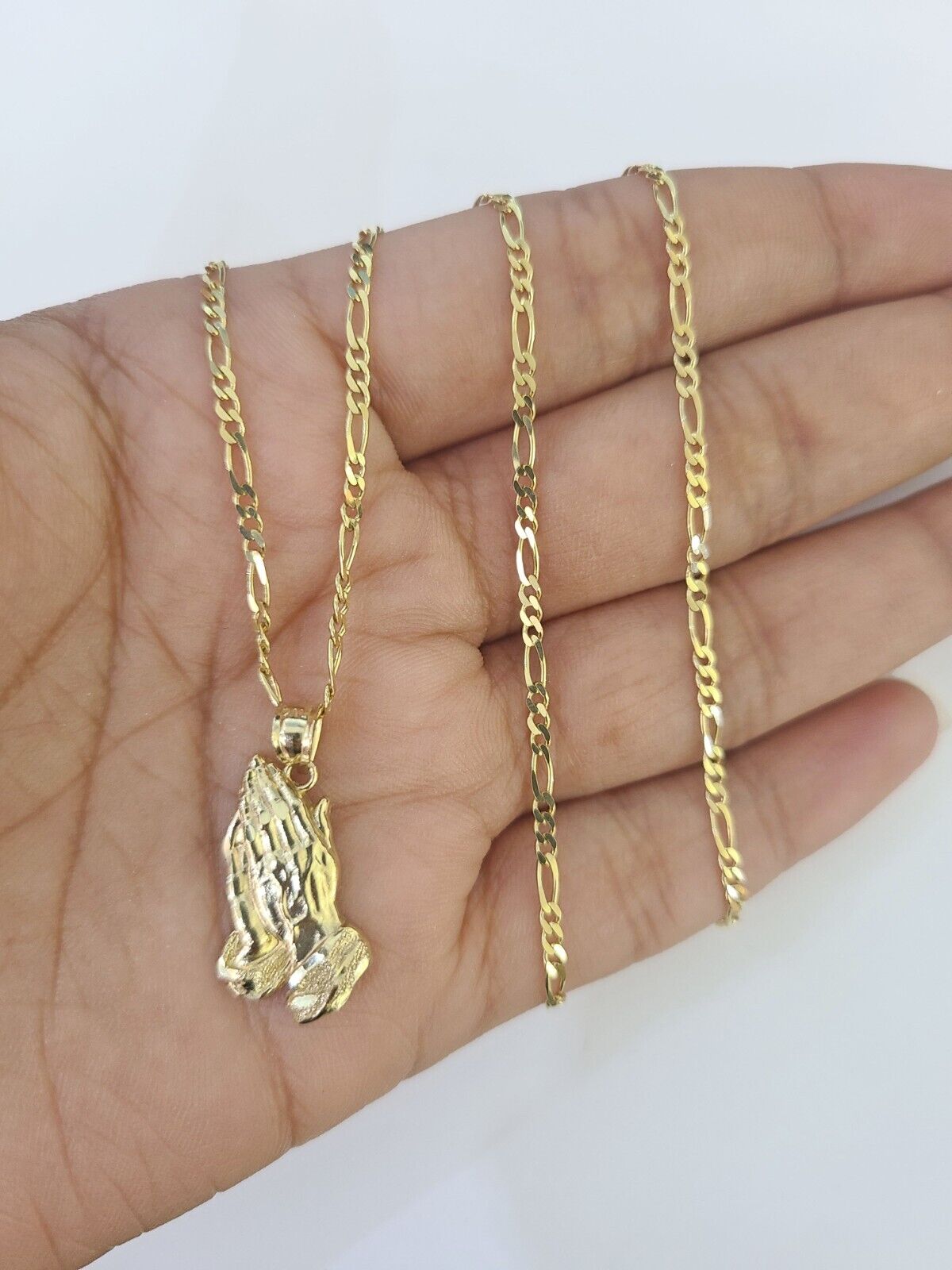 14k Figaro Chain Praying Hands Charm Pendant Gold 1.5mm 18" - 24inch SET Necklace - GoldenlinQ