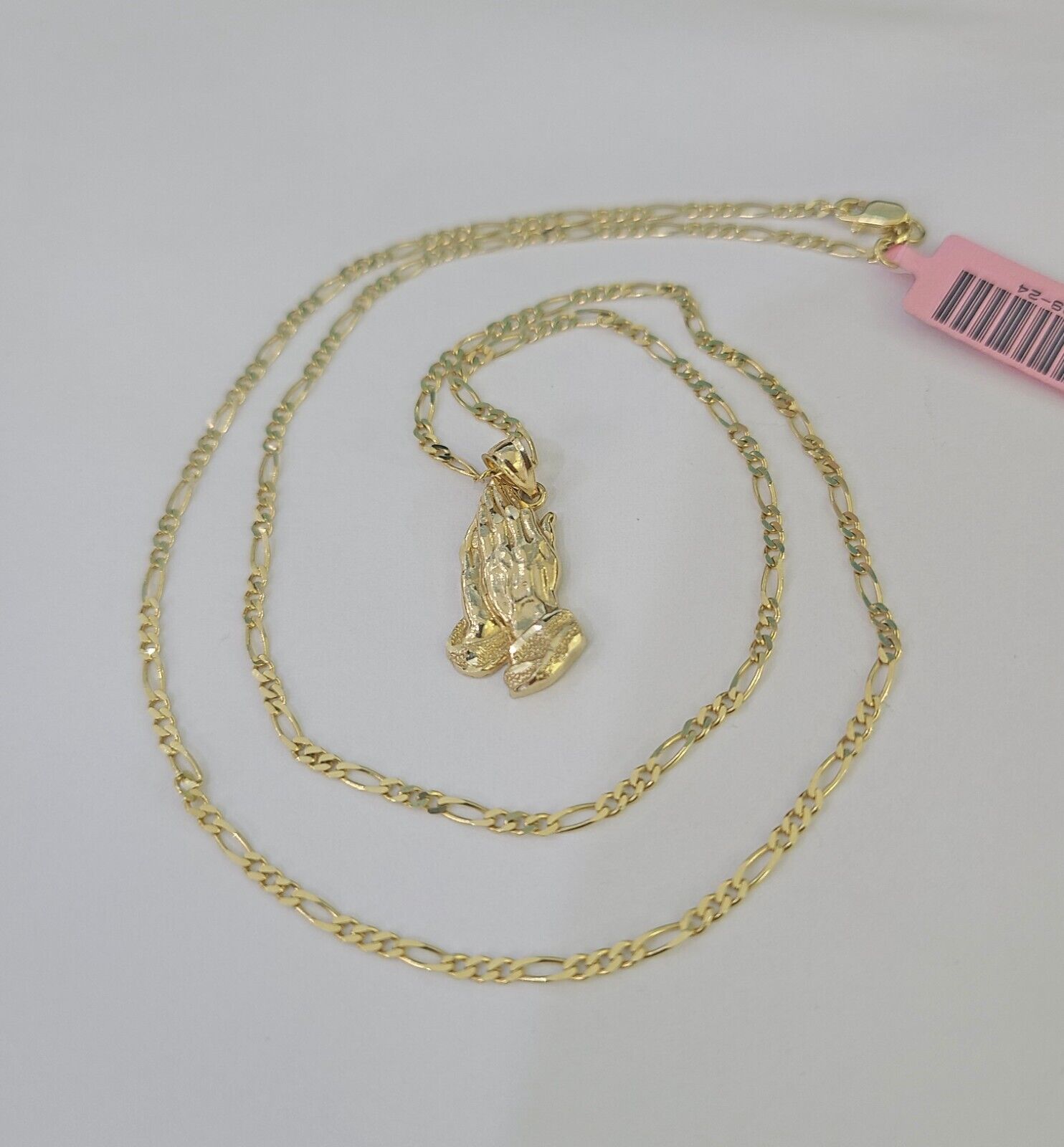14k Figaro Chain Praying Hands Charm Pendant Gold 1.5mm 18" - 24inch SET Necklace - GoldenlinQ