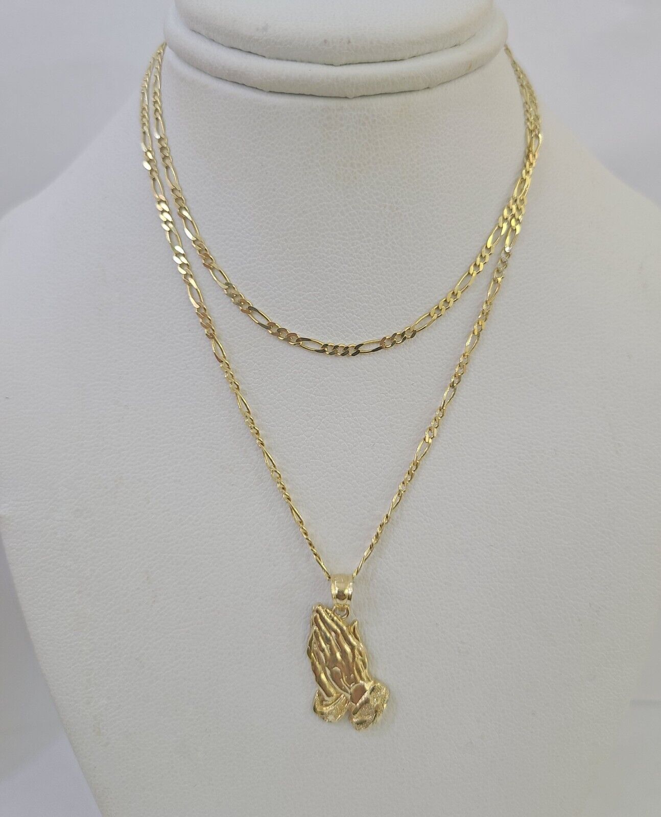 14k Figaro Chain Praying Hands Charm Pendant Gold 1.5mm 18" - 24inch SET Necklace - GoldenlinQ