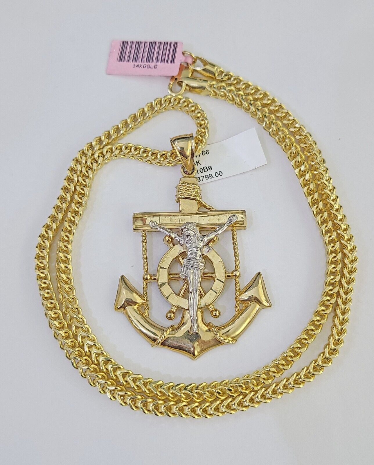 14K Franco Chain Jesus Anchor Pendant Charm Necklace 20" - 26" 4mm Gold - GoldenlinQ