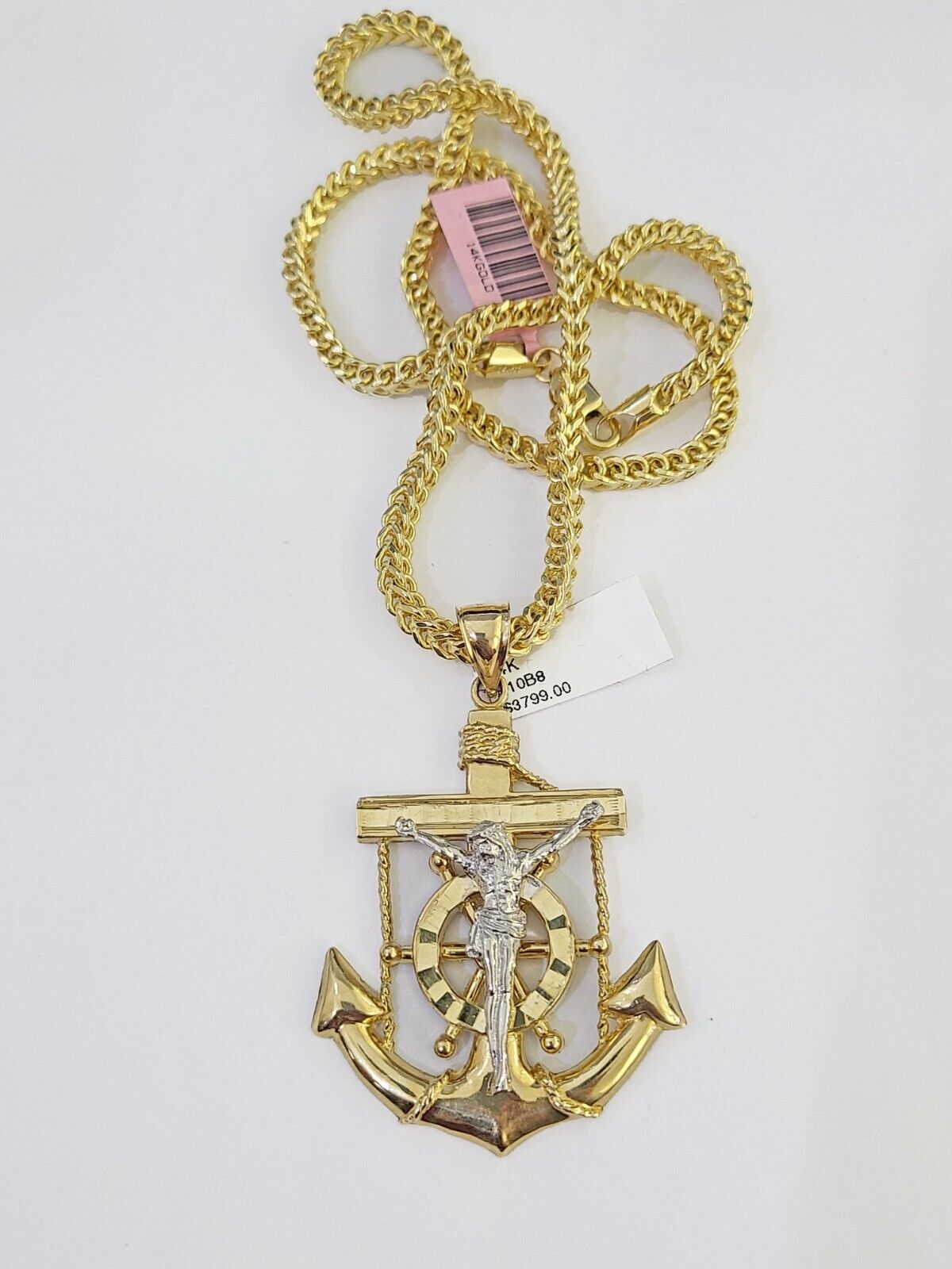 14K Franco Chain Jesus Anchor Pendant Charm Necklace 20" - 26" 4mm Gold - GoldenlinQ