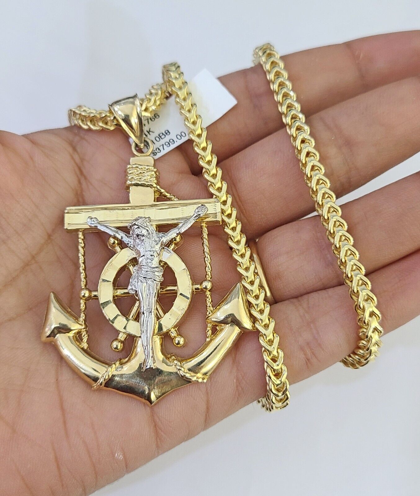 14K Franco Chain Jesus Anchor Pendant Charm Necklace 20" - 26" 4mm Gold - GoldenlinQ