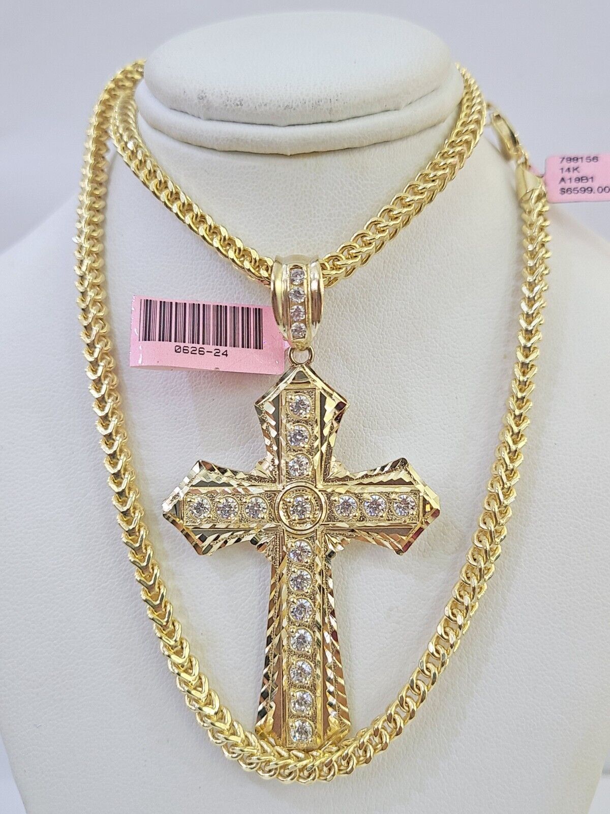 14K Franco Chain Jesus Cross Pendant Charm Necklace 20" - 26" 4mm Gold Yellow - GoldenlinQ