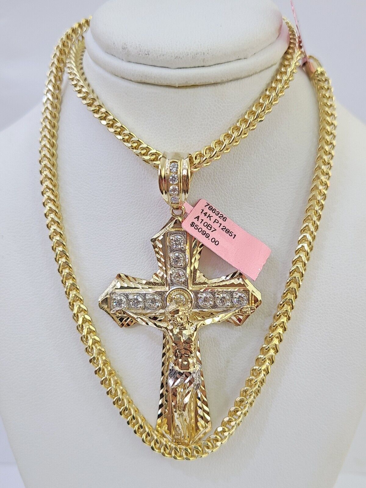 14K Franco Chain Jesus Cross Pendant Charm Necklace 20" - 26" 4mm Gold Yellow - GoldenlinQ