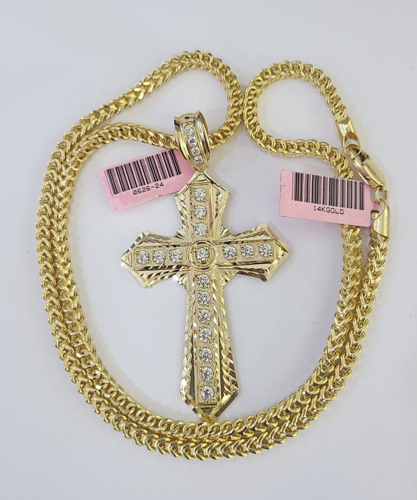 14K Franco Chain Jesus Cross Pendant Charm Necklace 20" - 26" 4mm Gold Yellow - GoldenlinQ