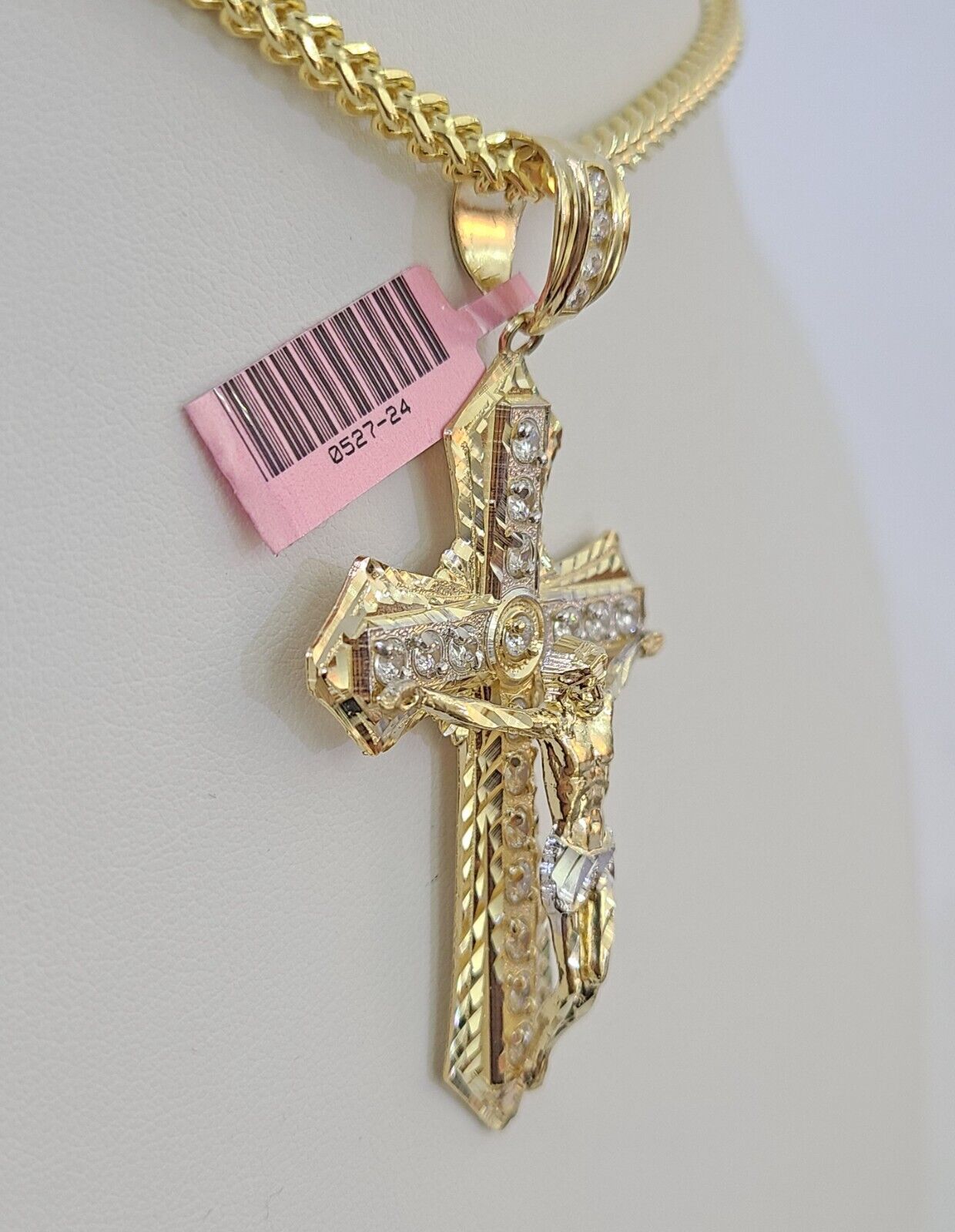14K Franco Chain Jesus Cross Pendant Charm Necklace 20" - 26" 4mm Gold Yellow - GoldenlinQ