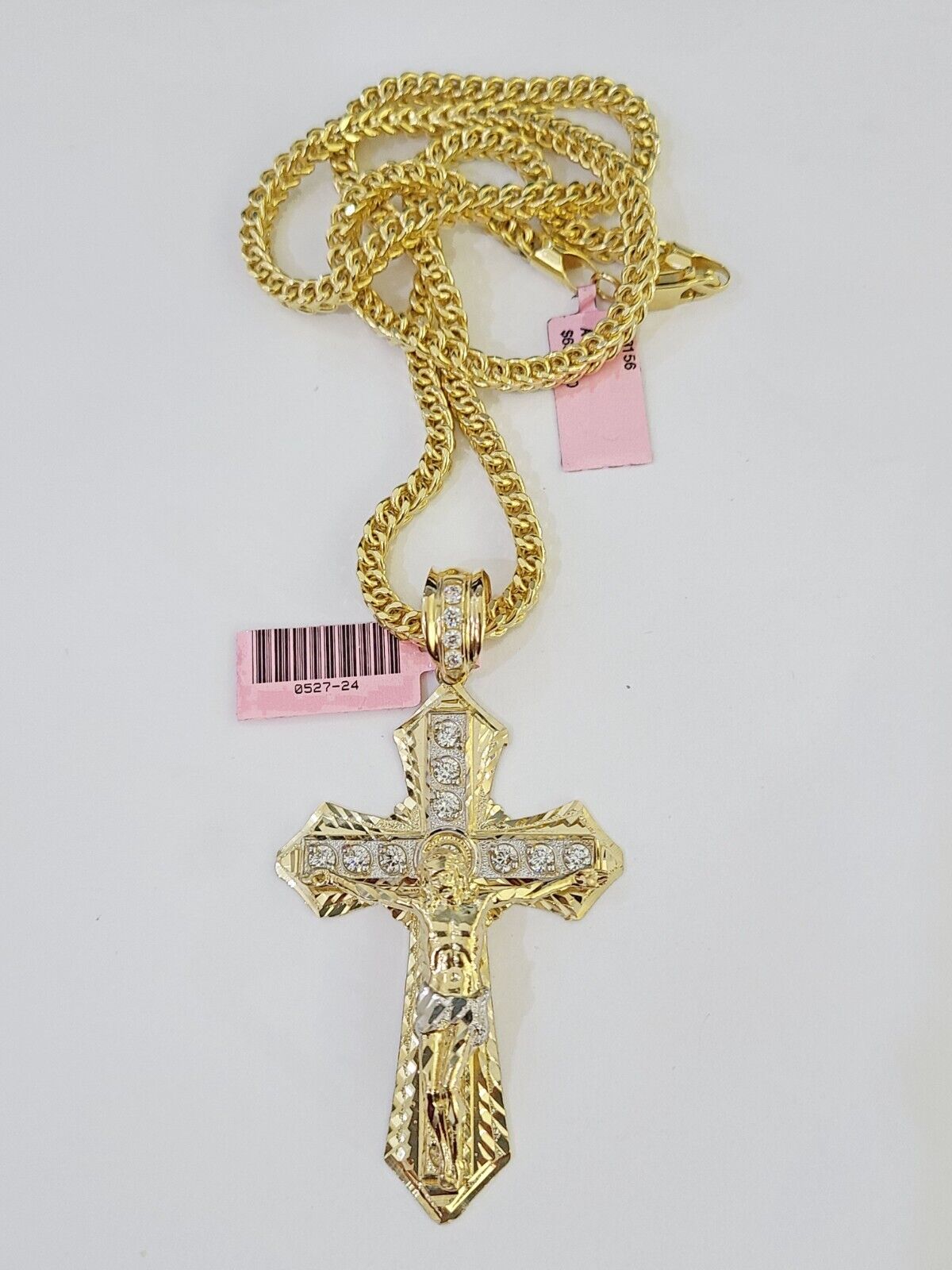 14K Franco Chain Jesus Cross Pendant Charm Necklace 20" - 26" 4mm Gold Yellow - GoldenlinQ