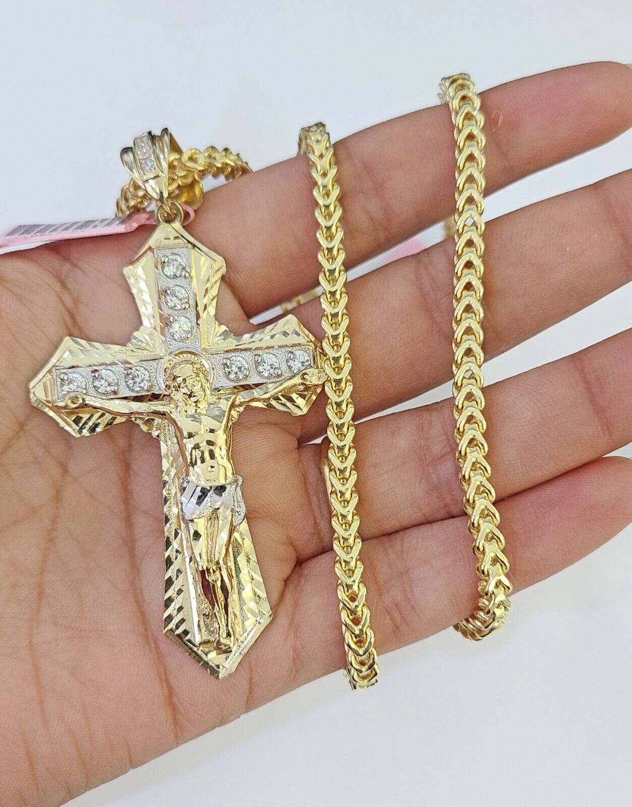 14K Franco Chain Jesus Cross Pendant Charm Necklace 20" - 26" 4mm Gold Yellow - GoldenlinQ