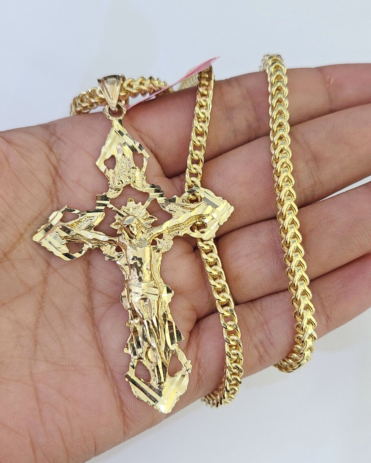 14K Franco Chain Jesus INRI Cross Pendant Charm Necklace 20" - 26" 4mm Gold - GoldenlinQ