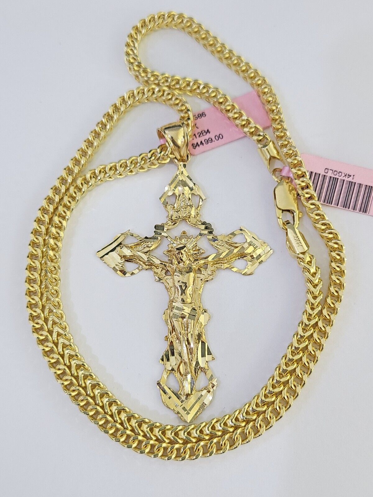 14K Franco Chain Jesus INRI Cross Pendant Charm Necklace 20" - 26" 4mm Gold - GoldenlinQ