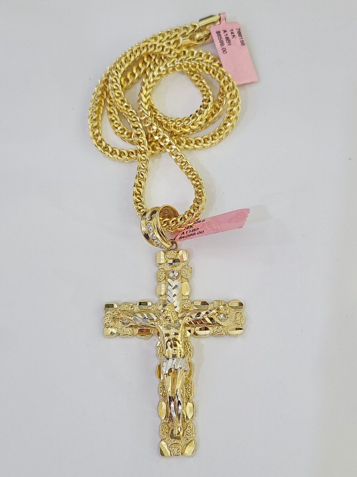 14K Franco Chain Jesus Nugget Cross Pendant Charm Necklace 20" - 26" 4mm Gold - GoldenlinQ