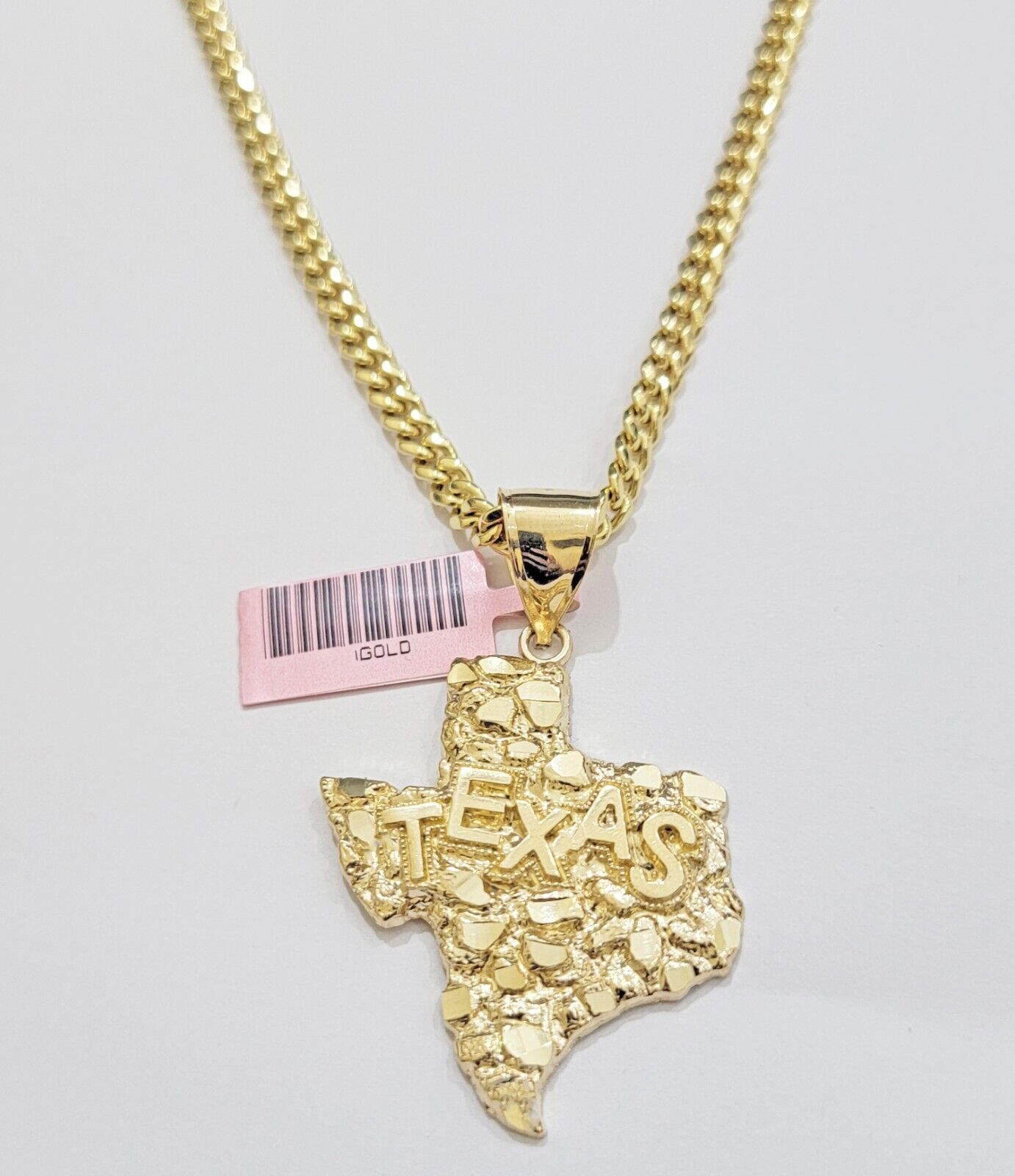 14k Gold Chain & Charm Nugget Texas map pendant Cuban Link Necklace 20 Inch 5mm - GoldenlinQ