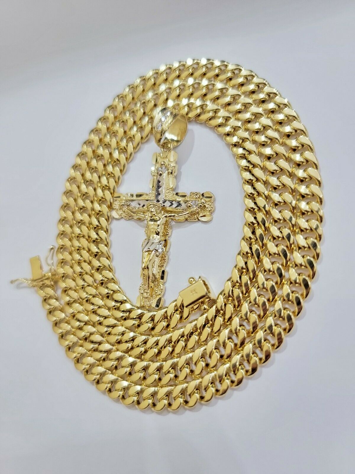 14k Gold Chain Cross SET Miami Cuban Link Necklace 7.5mm 22" - 28" ,Charm Pendant - GoldenlinQ