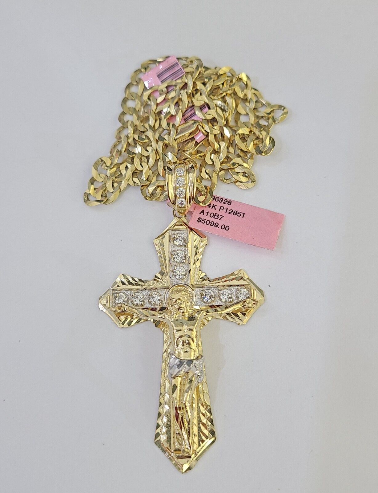 14k Gold Chain Jesus Cross Charm Solid Cuban Curb 5mm 20" - 26" Inch SET Necklace - GoldenlinQ