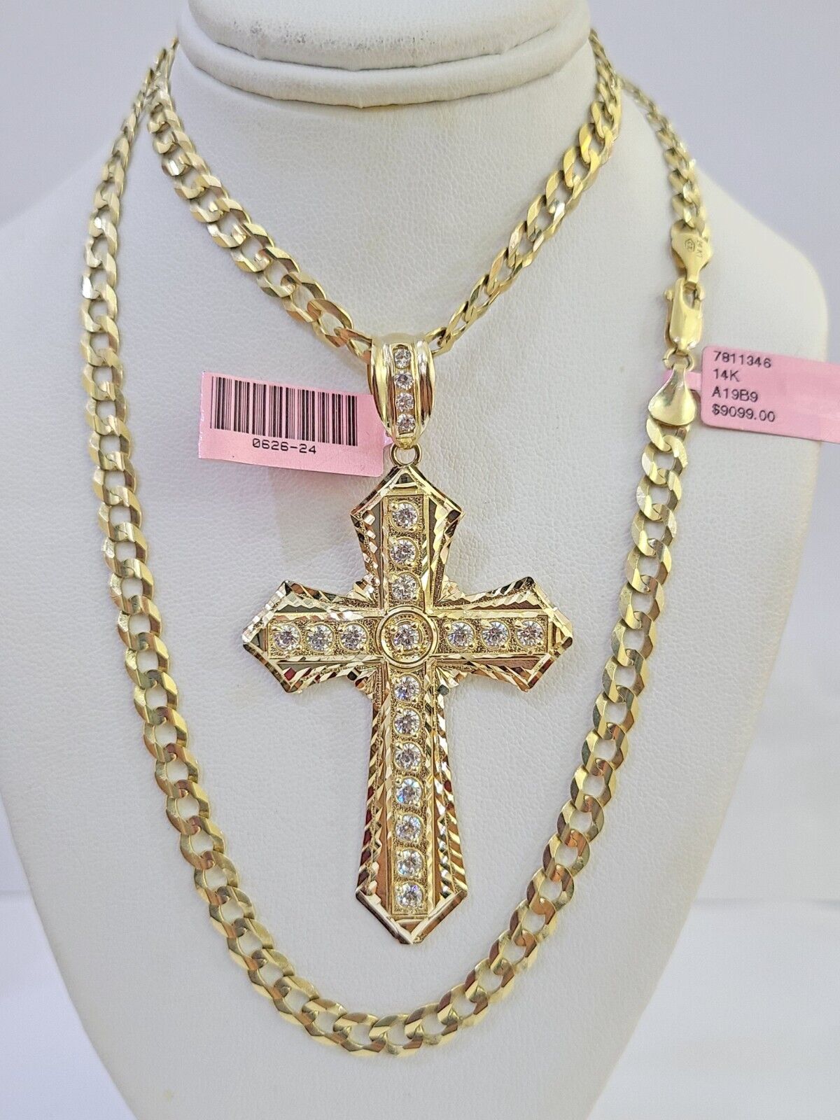 14k Gold Chain Jesus Cross Charm Solid Cuban Curb 5mm 20" - 26" Inch SET Necklace - GoldenlinQ
