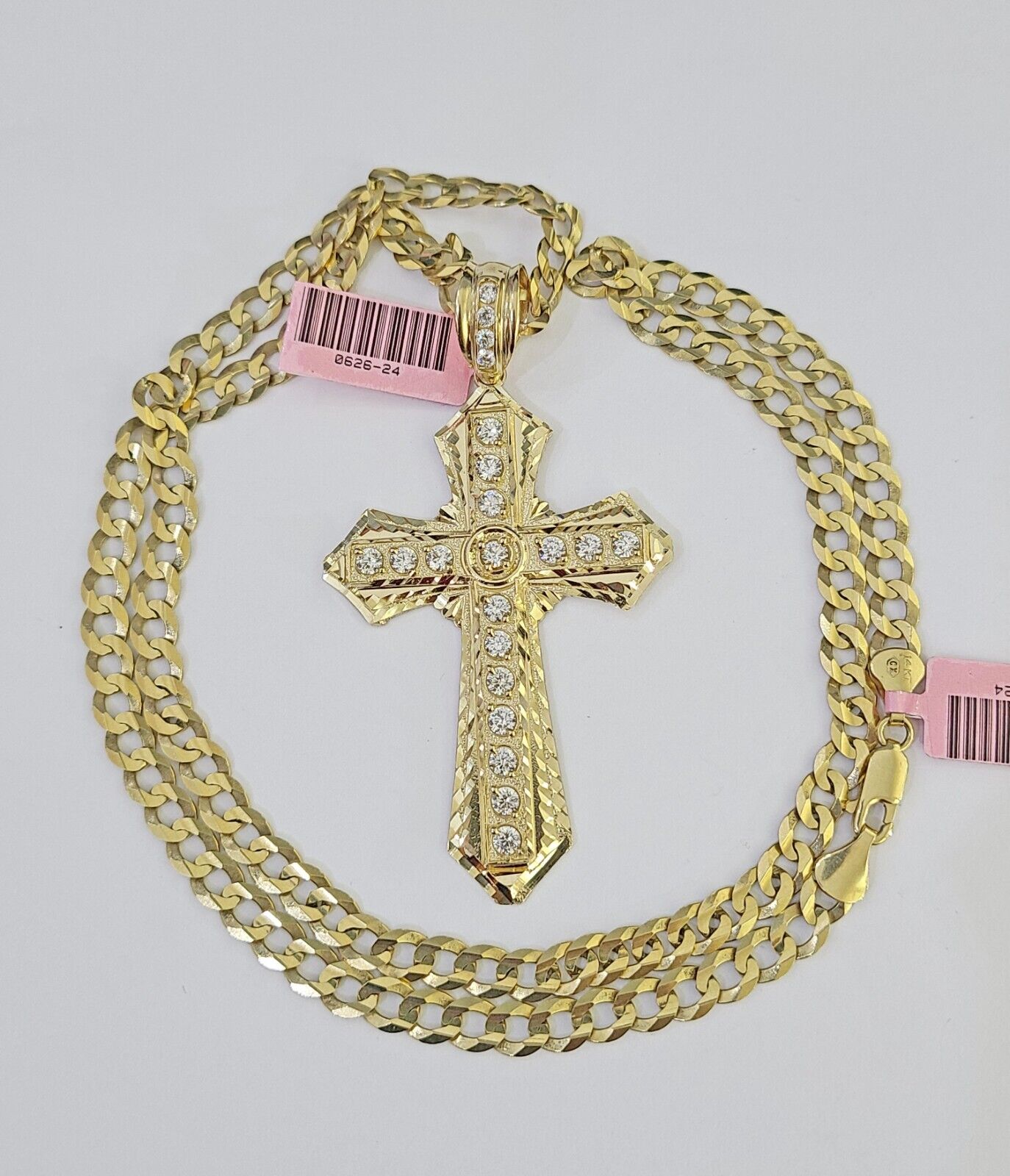 14k Gold Chain Jesus Cross Charm Solid Cuban Curb 5mm 20" - 26" Inch SET Necklace - GoldenlinQ
