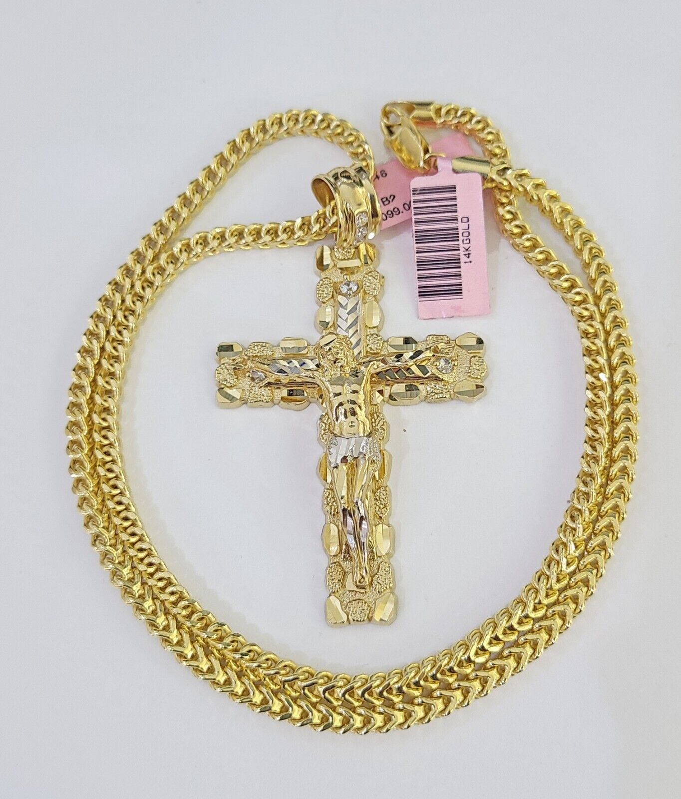 14k Gold Chain Jesus Cross Charm Solid Cuban Curb 5mm 20" - 26" Inch SET Necklace - GoldenlinQ