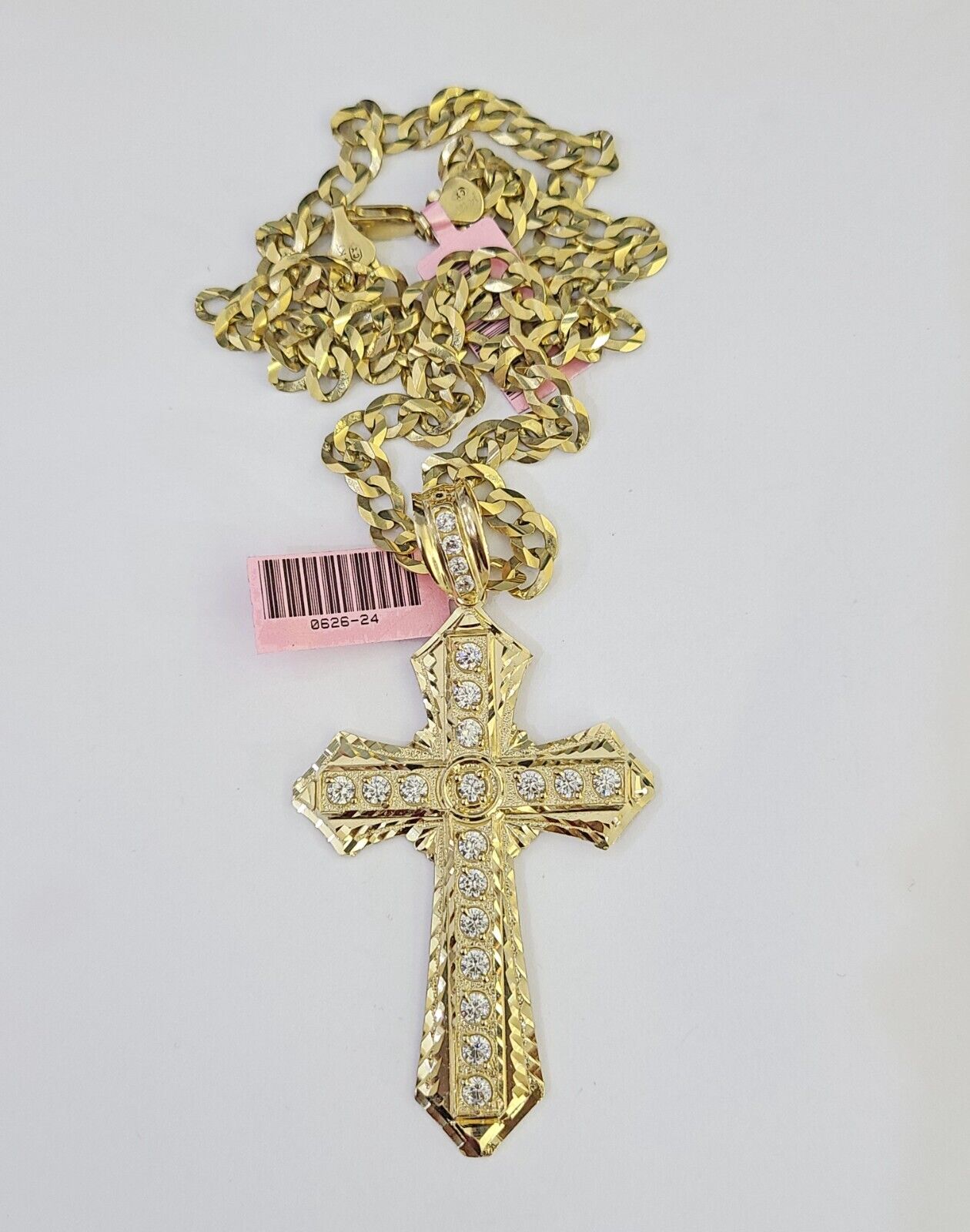 14k Gold Chain Jesus Cross Charm Solid Cuban Curb 5mm 20" - 26" Inch SET Necklace - GoldenlinQ