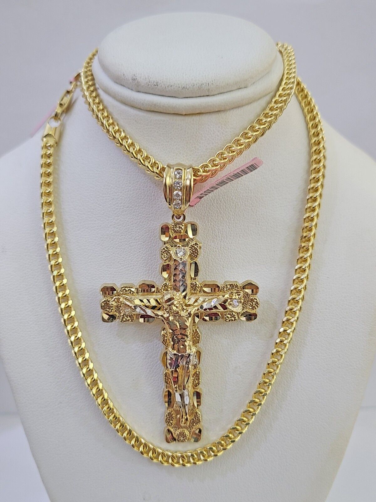 14k Gold Chain Jesus Cross Charm Solid Cuban Curb 5mm 20" - 26" Inch SET Necklace - GoldenlinQ
