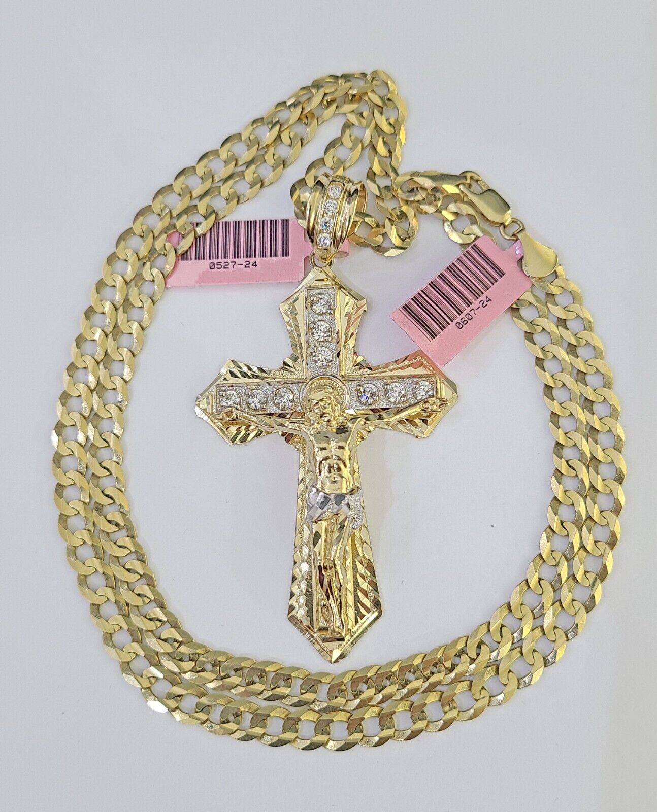 14k Gold Chain Jesus Cross Charm Solid Cuban Curb 5mm 20" - 26" Inch SET Necklace - GoldenlinQ