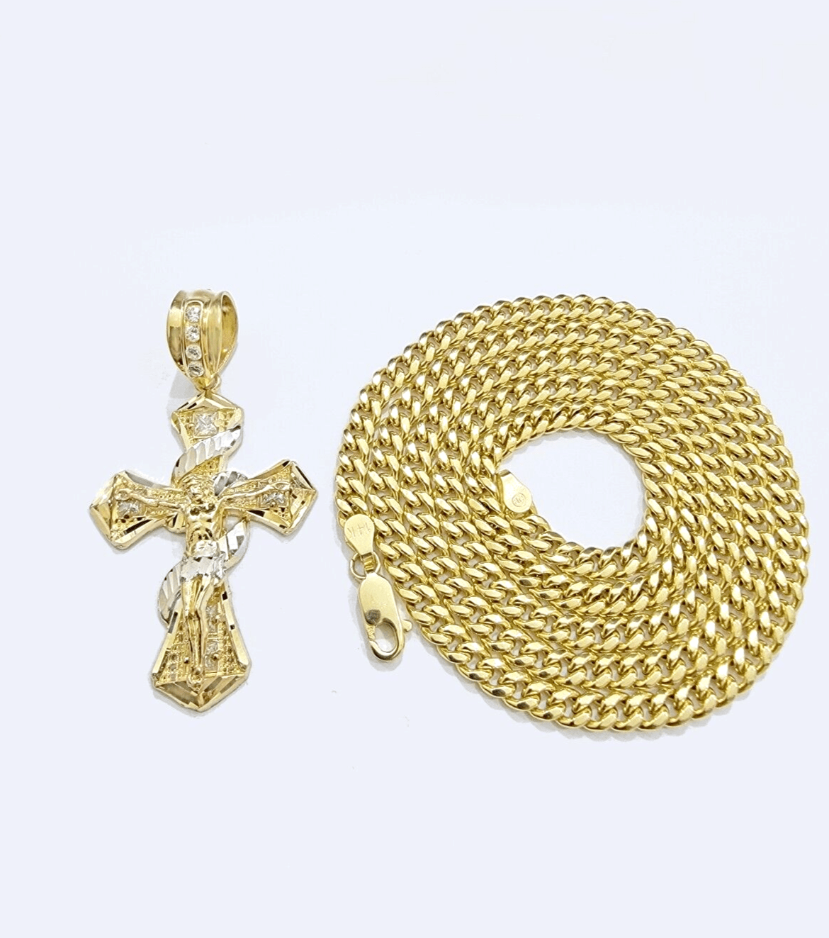 14k Gold Cross Charm Miami Cuban Link Chain 5mm 26'' Necklace 14kt Pendant SALE - GoldenlinQ