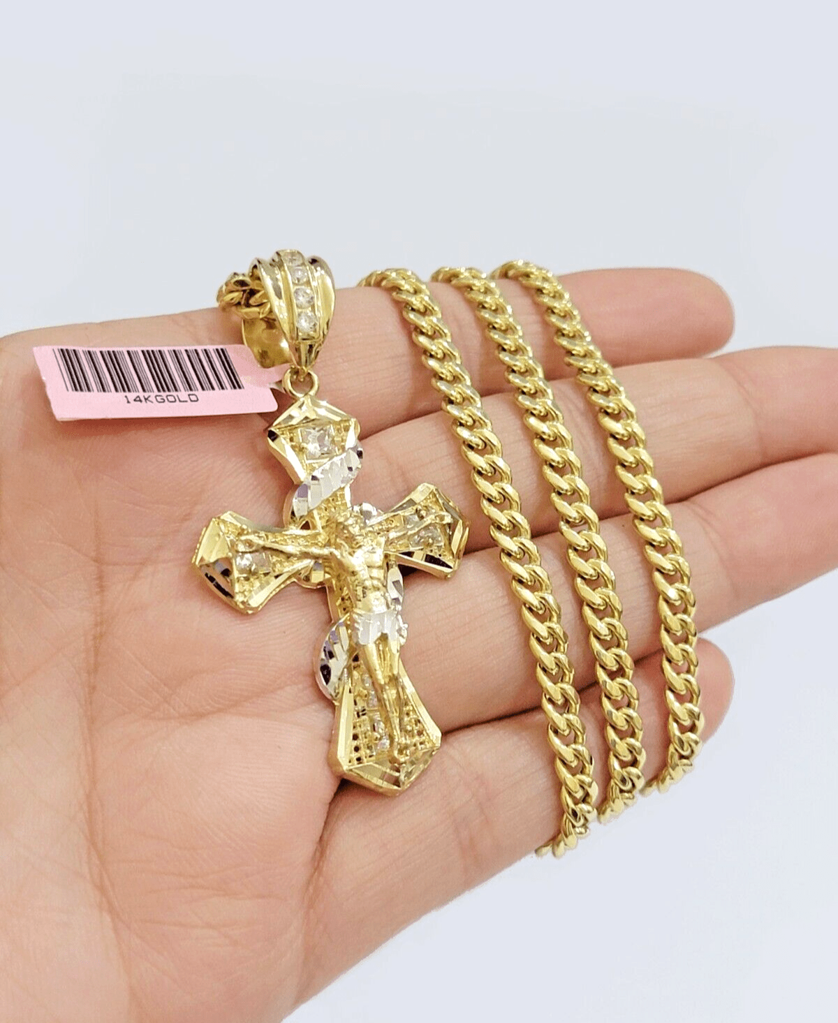 14k Gold Cross Charm Miami Cuban Link Chain 5mm 26'' Necklace 14kt Pendant SALE - GoldenlinQ