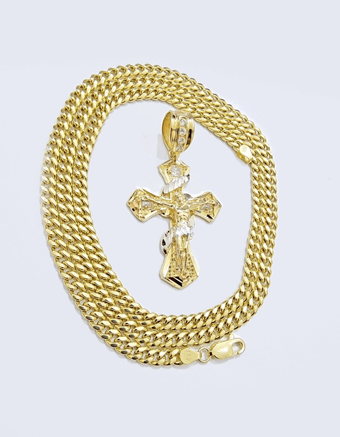 14k Gold Cross Charm Miami Cuban Link Chain 5mm 26'' Necklace 14kt Pendant SALE - GoldenlinQ