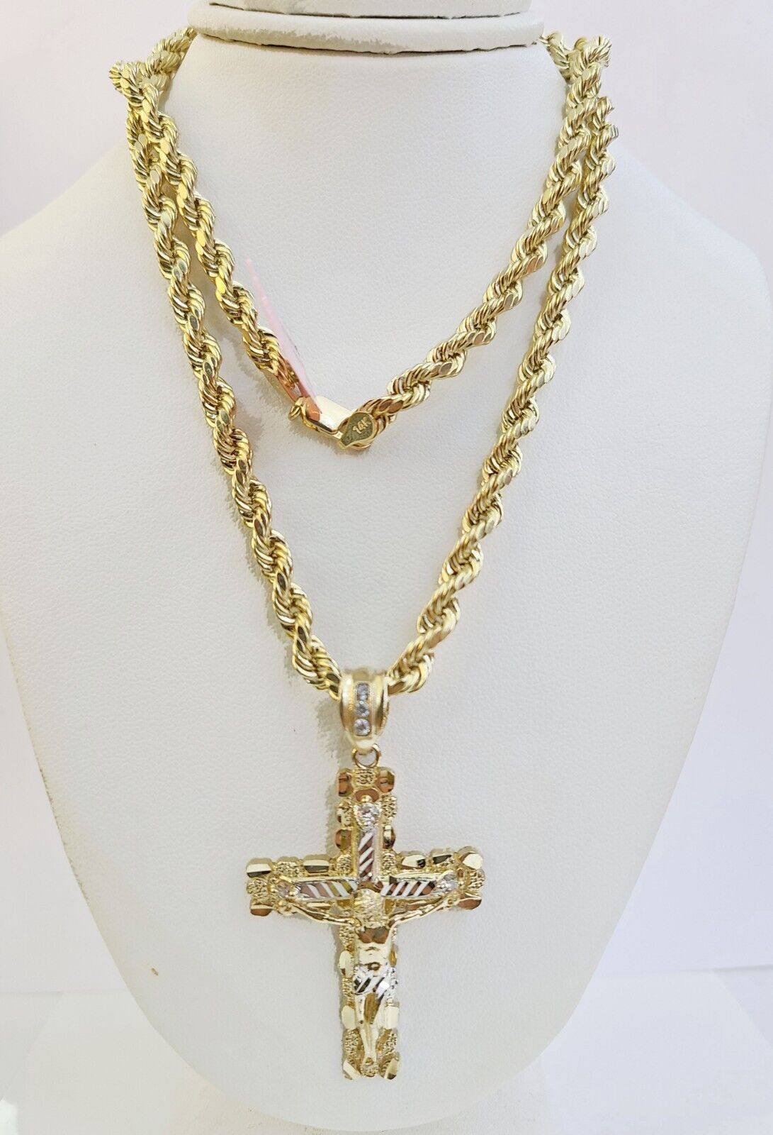14k Gold Nugget Cross Pendent and 5mm 24 Inches Rope Chain - GoldenlinQ