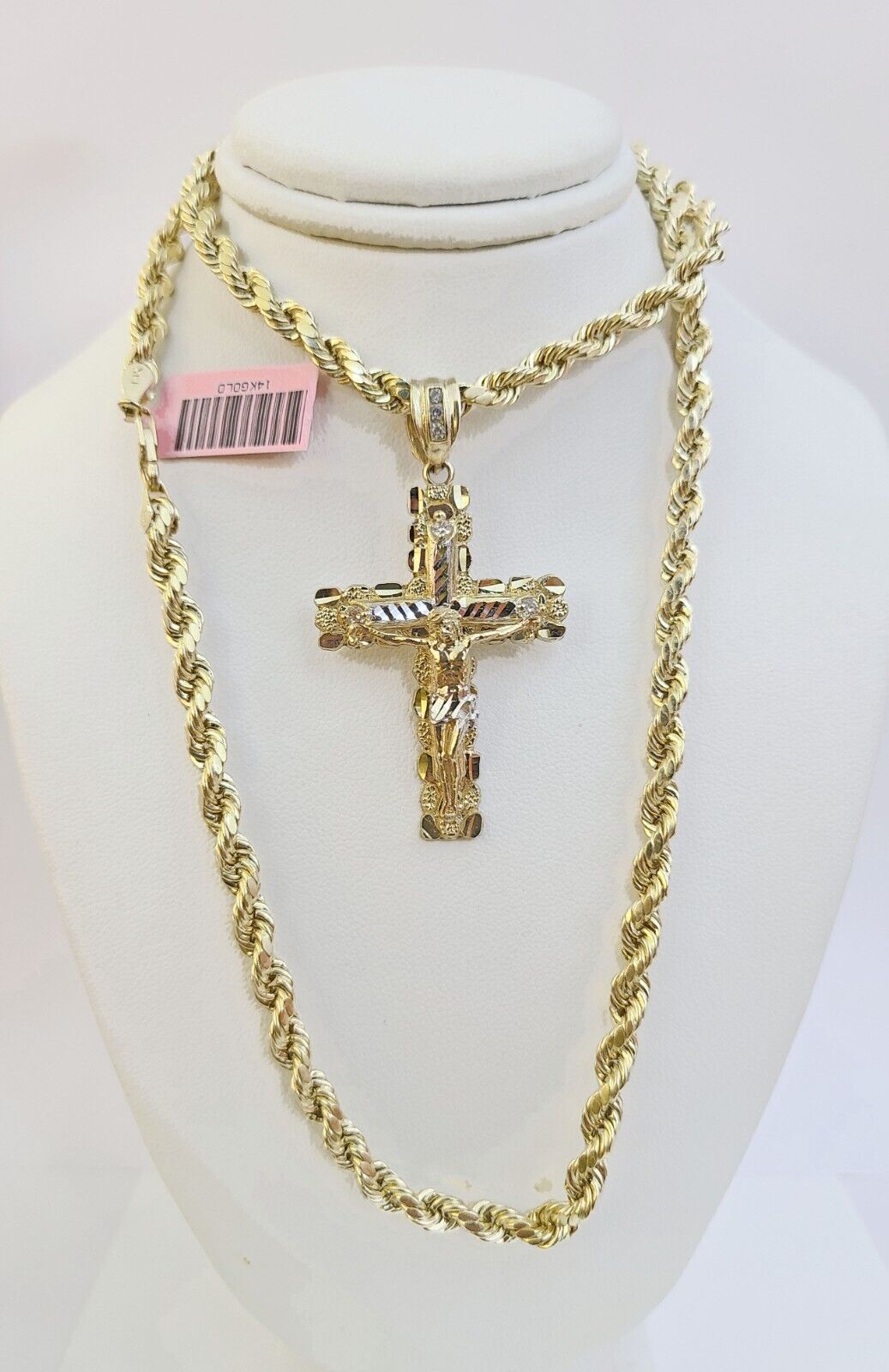 14k Gold Nugget Cross Pendent and 5mm 24 Inches Rope Chain - GoldenlinQ